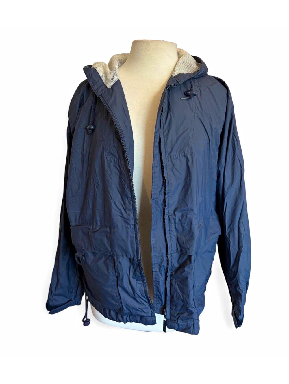 London Fog Men's Blue Hooded Windbreaker Jacket Full Zip Drawstring PVC M